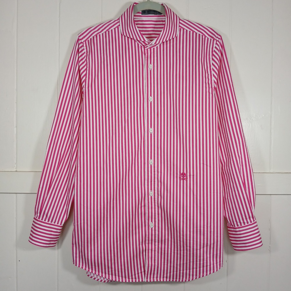G/FORE Skull Logo Button Up Shirt Mens M Pink White Striped Long Sleeve g fore